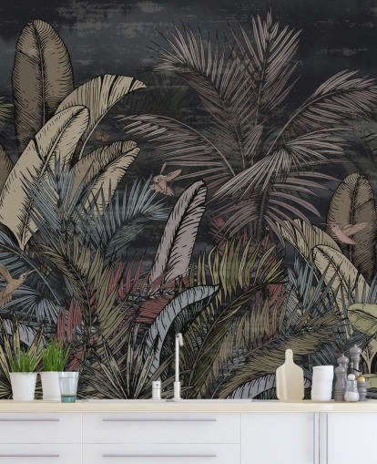 mural de parede de sempre-vivas tropicais à noite mural de parede de sempre-vivas tropicais à noite