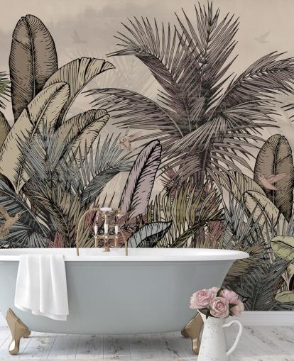 Jungle palmeblade i grønt og brunt tapetdesign Jungle palmeblade i grønt og brunt tapetdesign