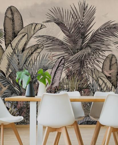 Jungle palm leaves in greens and browns wallpaper design Jungle palm leaves in greens and browns wallpaper design