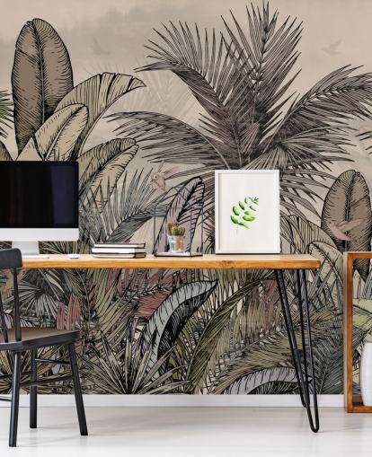 Jungle palm leaves in greens and browns wallpaper design Jungle palm leaves in greens and browns wallpaper design