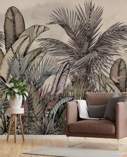 Jungle palmeblade i grønt og brunt tapetdesign Jungle palmeblade i grønt og brunt tapetdesign