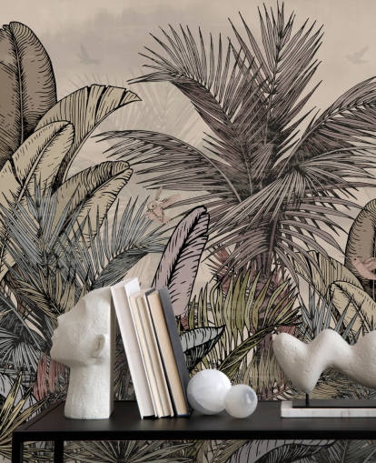 Jungle palm leaves in greens and browns wallpaper design Jungle palm leaves in greens and browns wallpaper design