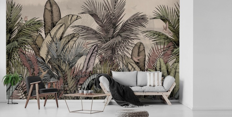 Jungle palm leaves in greens and browns wallpaper design