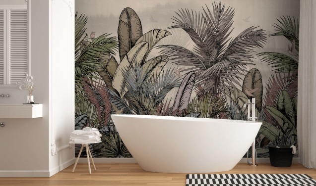 Jungle palm leaves in greens and browns wallpaper design