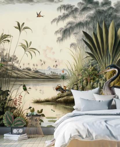 Tropical river with palm trees and birds wallpaper Tropical river with palm trees and birds wallpaper