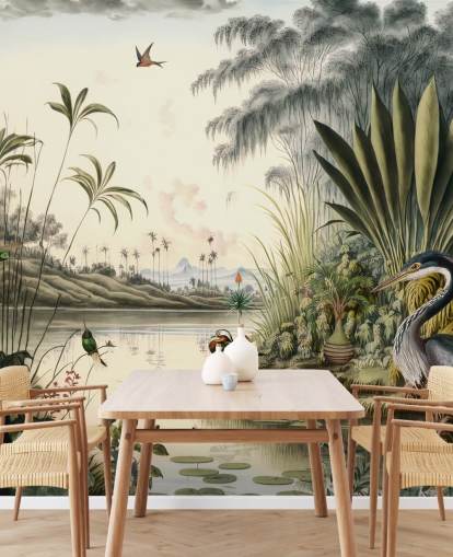 Tropical river with palm trees and birds wallpaper Tropical river with palm trees and birds wallpaper