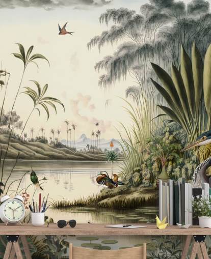 Papel de parede de rio tropical com palmeiras e pássaros Papel de parede de rio tropical com palmeiras e pássaros