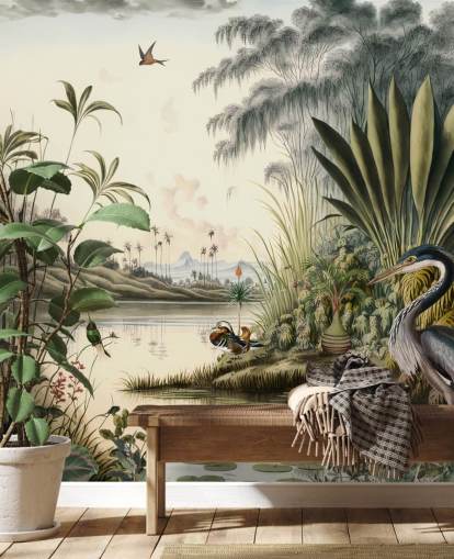 Tropische rivier met palmbomen en vogels behang Tropische rivier met palmbomen en vogels behang