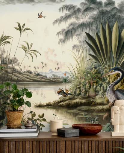 Tropischer Fluss mit Palmen und Vogeltapete Tropischer Fluss mit Palmen und Vogeltapete