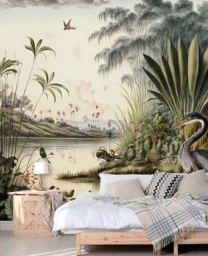 Papier peint Rivière tropicale avec palmiers et oiseaux Papier peint Rivière tropicale avec palmiers et oiseaux