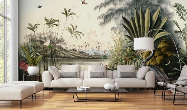 Tropical river with palm trees and birds wallpaper