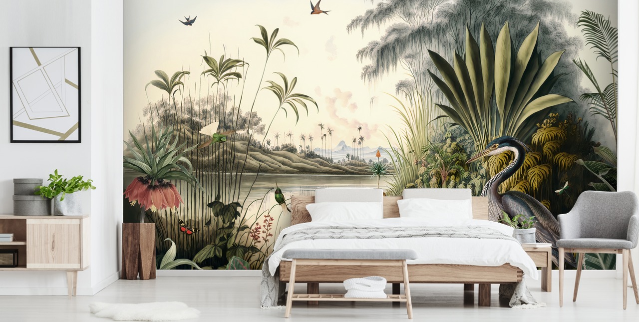 Papier peint Rivière tropicale avec palmiers et oiseaux