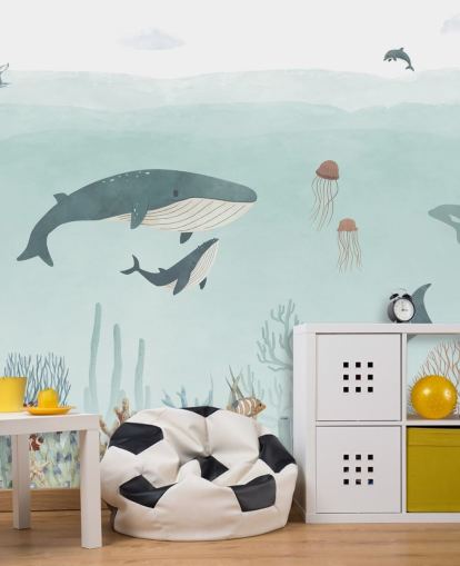 Simpatico murale Sea Life con balene in blu Simpatico murale Sea Life con balene in blu