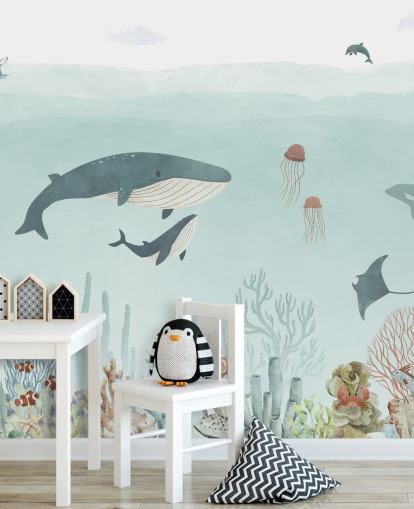 Lindo mural de vida marina con ballenas en azul Lindo mural de vida marina con ballenas en azul