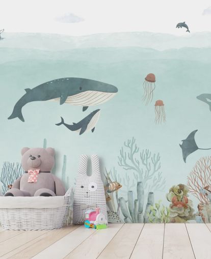 Sødt Sea Life vægmaleri med hvaler i blåt Sødt Sea Life vægmaleri med hvaler i blåt