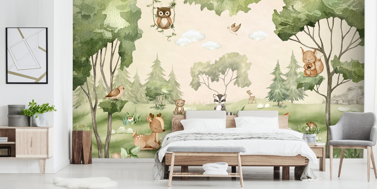 Cute Nursery Wall Mural with woodland animals