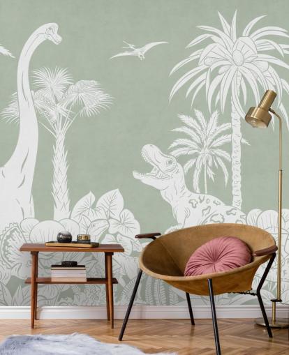 Wandbild mit grünem Dinosaurier-Tapete für Kinderzimmer Wandbild mit grünem Dinosaurier-Tapete für Kinderzimmer