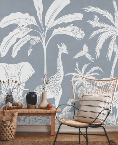 barnas jungel tapet med dyr i blått barnas jungel tapet med dyr i blått