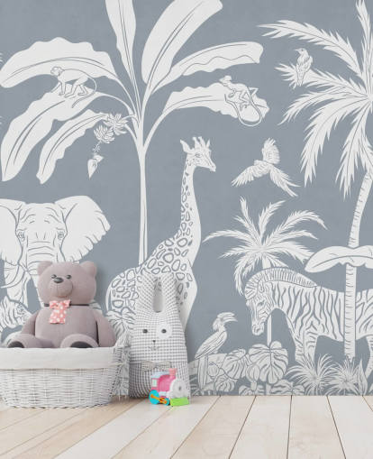 kids jungle wallpaper with animals in blue kids jungle wallpaper with animals in blue