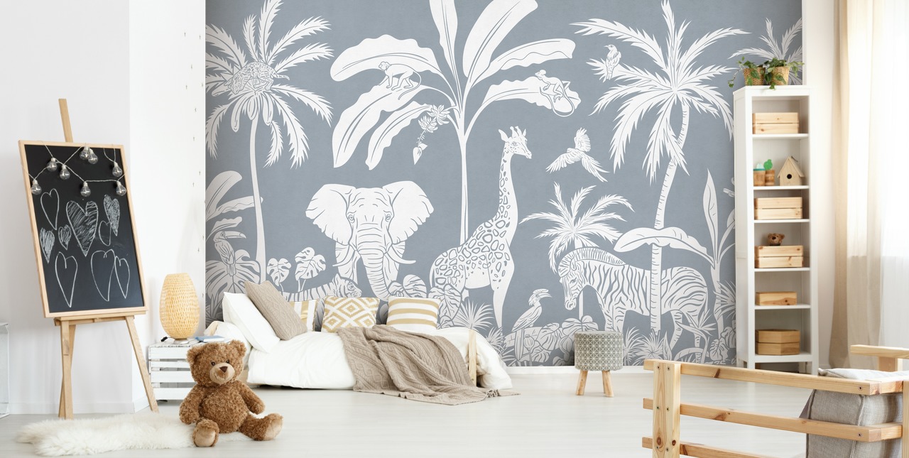 junglebehang voor kinderen met dieren in blauw junglebehang voor kinderen met dieren in blauw