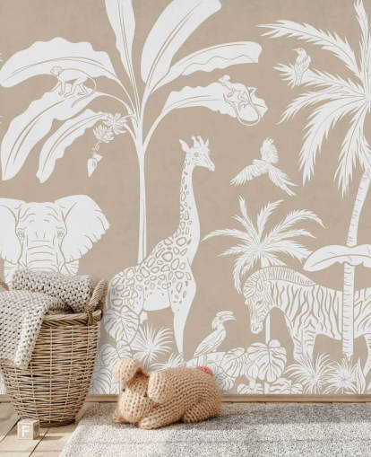 Kids Jungle Wallpaper with animals in brown Kids Jungle Wallpaper with animals in brown