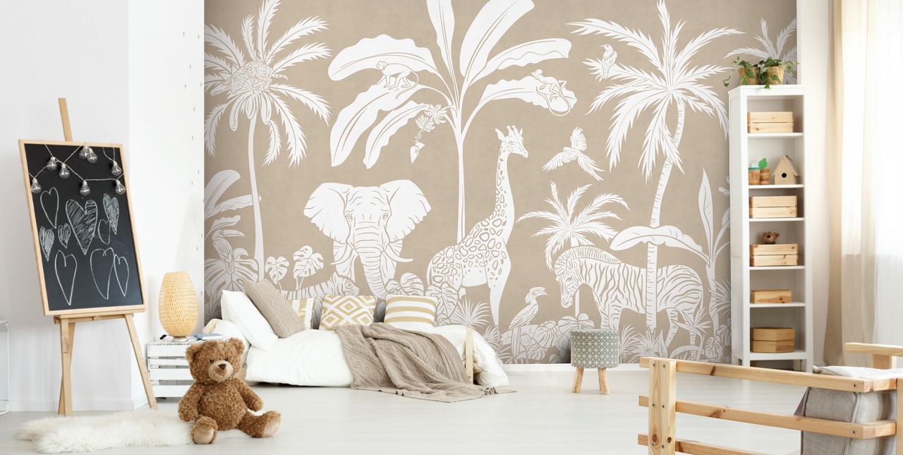 Papel de parede Kids Jungle com animais em marrom Papel de parede Kids Jungle com animais em marrom