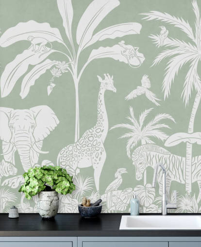 Kids Jungle Wallpaper with animals in green Kids Jungle Wallpaper with animals in green