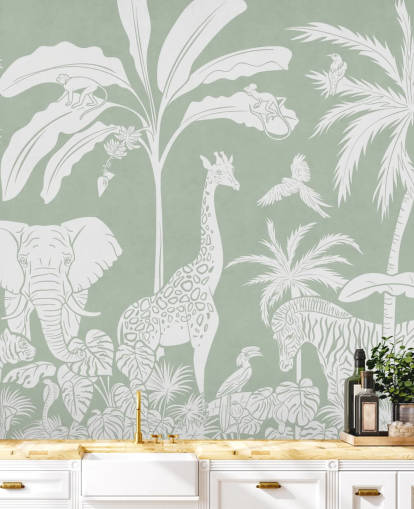 Kids Jungle Wallpaper with animals in green Kids Jungle Wallpaper with animals in green