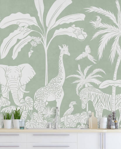 Kids Jungle Taustakuva eläimillä vihreällä Kids Jungle Taustakuva eläimillä vihreällä