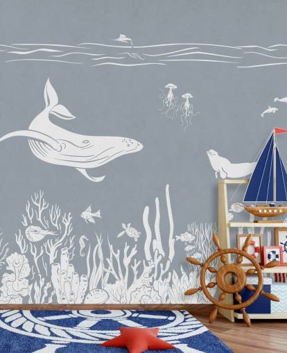 Papel de parede Kids Ocean com baleias em azul Papel de parede Kids Ocean com baleias em azul