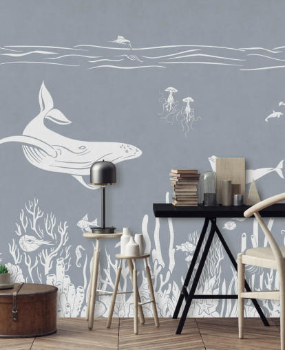Papel de parede Kids Ocean com baleias em azul Papel de parede Kids Ocean com baleias em azul