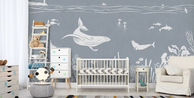 Kids Ocean Tapet med hvaler i blåt