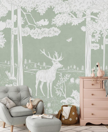green kids forest wallpaper mural called Monochrome Forest - Green by Kikki Belle for bedrooms and nurseries green kids forest wallpaper mural called Monochrome Forest - Green by Kikki Belle for bedrooms and nurseries