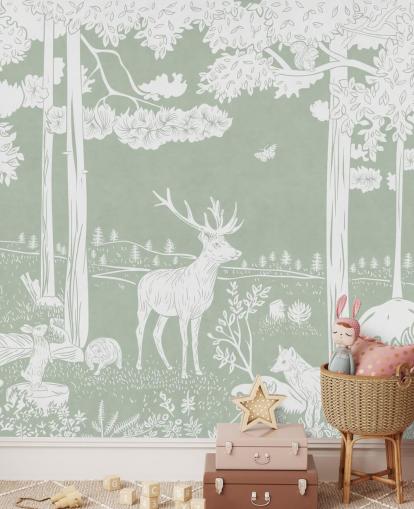green kids forest wallpaper mural called Monochrome Forest - Green by Kikki Belle for bedrooms and nurseries green kids forest wallpaper mural called Monochrome Forest - Green by Kikki Belle for bedrooms and nurseries