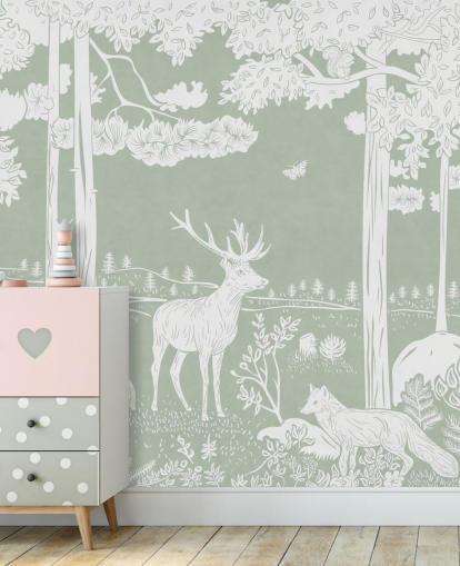 green kids forest wallpaper mural called Monochrome Forest - Green by Kikki Belle for bedrooms and nurseries green kids forest wallpaper mural called Monochrome Forest - Green by Kikki Belle for bedrooms and nurseries