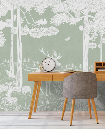 green kids forest wallpaper mural called Monochrome Forest - Green by Kikki Belle for bedrooms and nurseries green kids forest wallpaper mural called Monochrome Forest - Green by Kikki Belle for bedrooms and nurseries