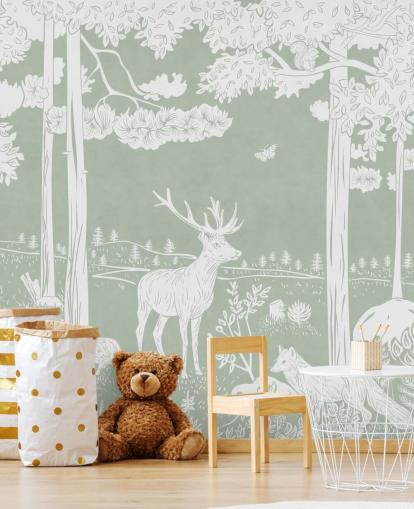 green kids forest wallpaper mural called Monochrome Forest - Green by Kikki Belle for bedrooms and nurseries green kids forest wallpaper mural called Monochrome Forest - Green by Kikki Belle for bedrooms and nurseries