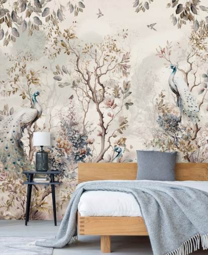 Chinoiserie style wallpaper mural with blue and white peacocks Chinoiserie style wallpaper mural with blue and white peacocks