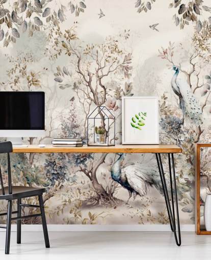 Chinoiserie style wallpaper mural with blue and white peacocks Chinoiserie style wallpaper mural with blue and white peacocks