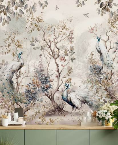 Tapeten-Wandbild im Chinoiserie-Stil mit blauen und weißen Pfauen Tapeten-Wandbild im Chinoiserie-Stil mit blauen und weißen Pfauen