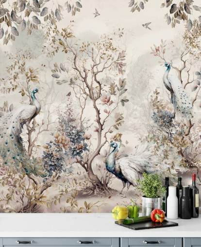 Chinoiserie stil tapet väggmålning med blå och vita påfåglar Chinoiserie stil tapet väggmålning med blå och vita påfåglar