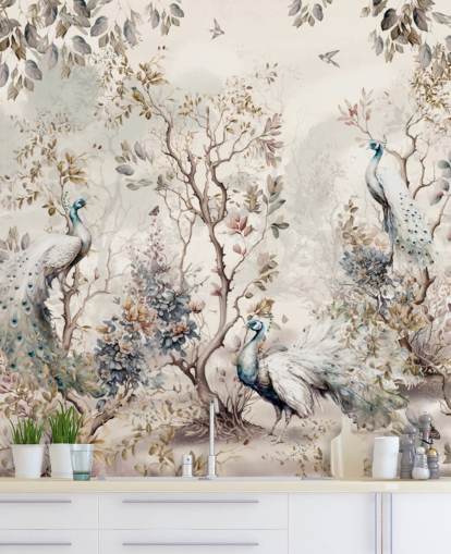 Chinoiserie style wallpaper mural with blue and white peacocks Chinoiserie style wallpaper mural with blue and white peacocks