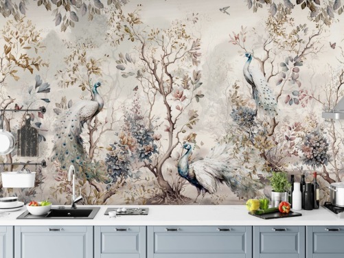 Tapeten-Wandbild im Chinoiserie-Stil mit blauen und weißen Pfauen