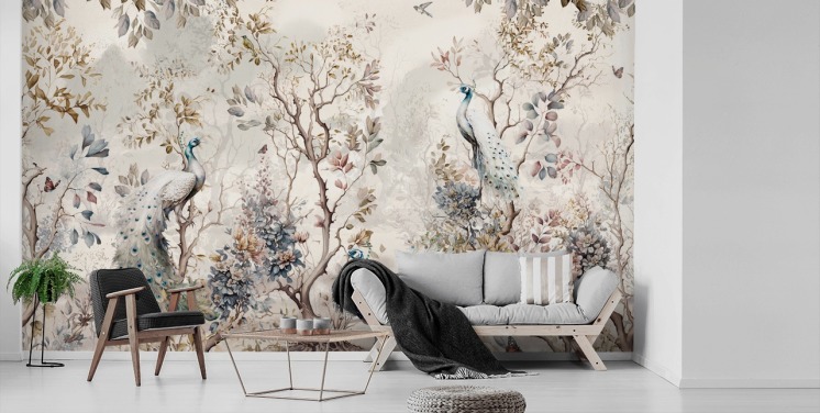 Tapeten-Wandbild im Chinoiserie-Stil mit blauen und weißen Pfauen