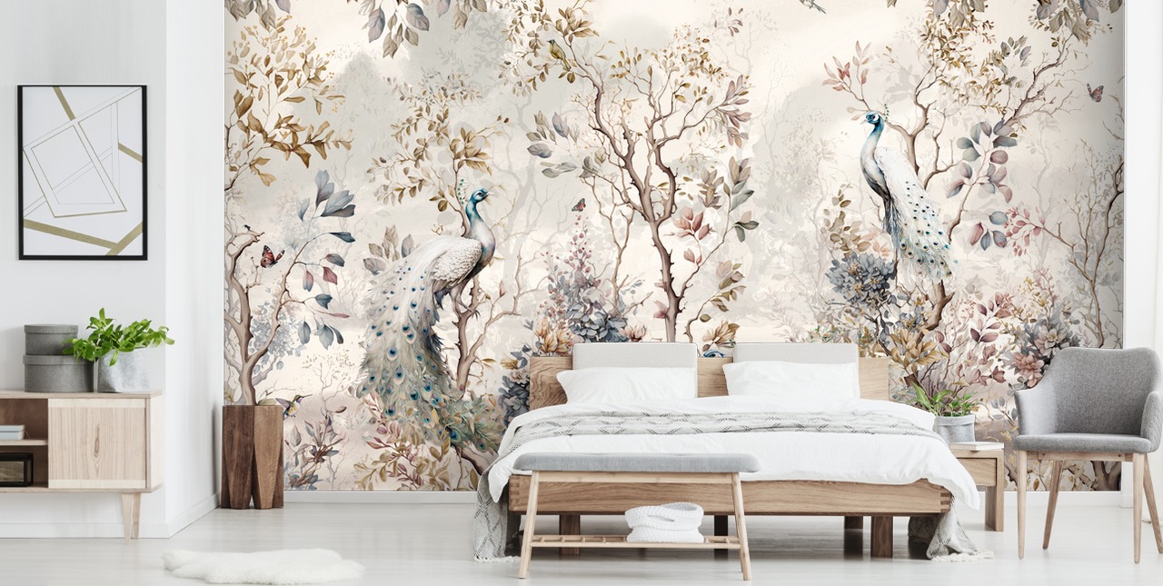 Chinoiserie stil tapet väggmålning med blå och vita påfåglar