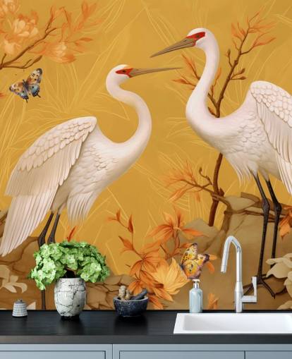 Cranes in the Meadow with Butterflies Wallpaper Mural Cranes in the Meadow with Butterflies Wallpaper Mural