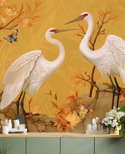 Cranes in the Meadow with Butterflies Wallpaper Mural Cranes in the Meadow with Butterflies Wallpaper Mural