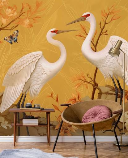 Cranes in the Meadow with Butterflies Wallpaper Mural Cranes in the Meadow with Butterflies Wallpaper Mural