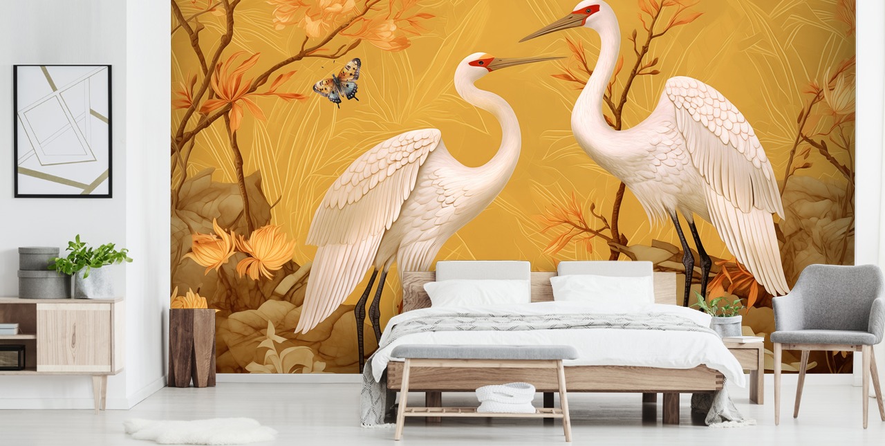 Cranes in the Meadow with Butterflies Wallpaper Mural