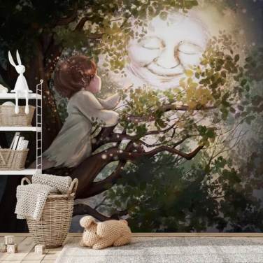 Barn Klatring Tre med Moon Bakgrunn